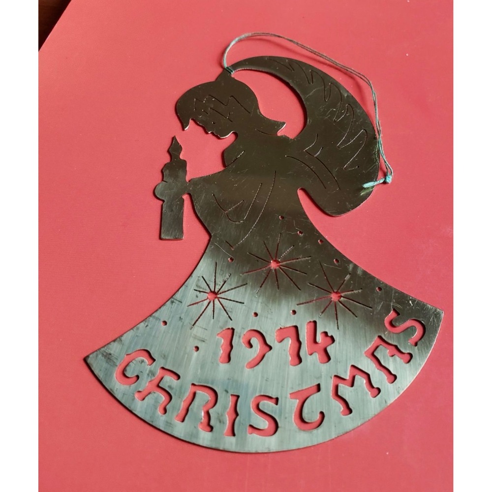 Vintage 1974 Christmas Angel Metal Ornament Silver Tone Cutout Starburst Retro